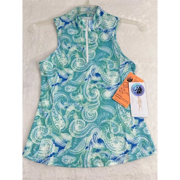 Gottex Tops - Gottex Women's Golf Tennis Sleeveless Top 1/4 Zip Mock Paisley Blue Print Small